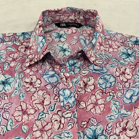 ZARA Sz M floral pink satin button blouse shirt like new - Picture 3 of 9